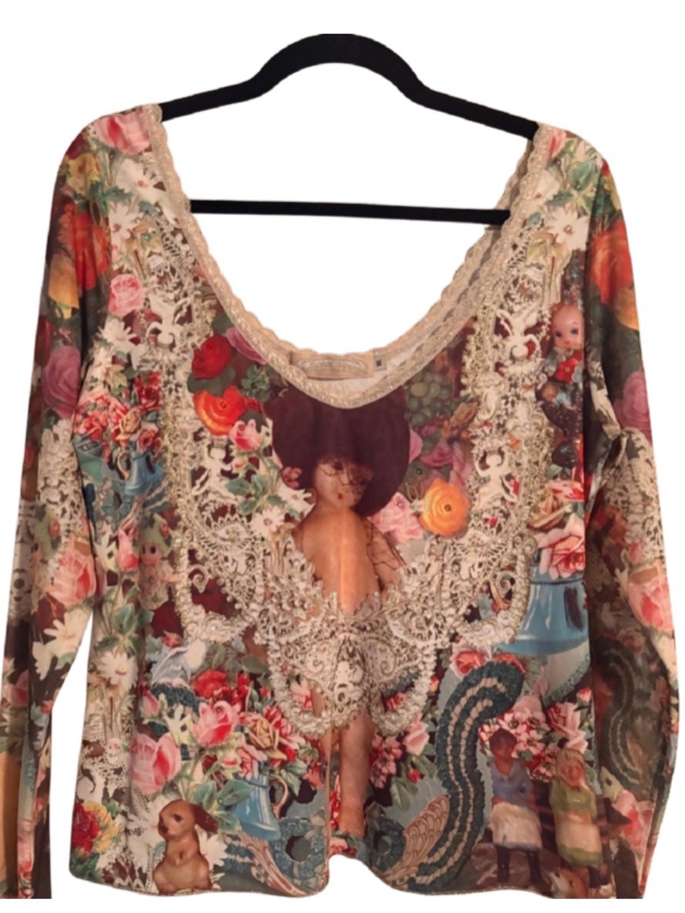 Michal Negrin Multi-Color Floral Lace Trim Long Sleeve Top
